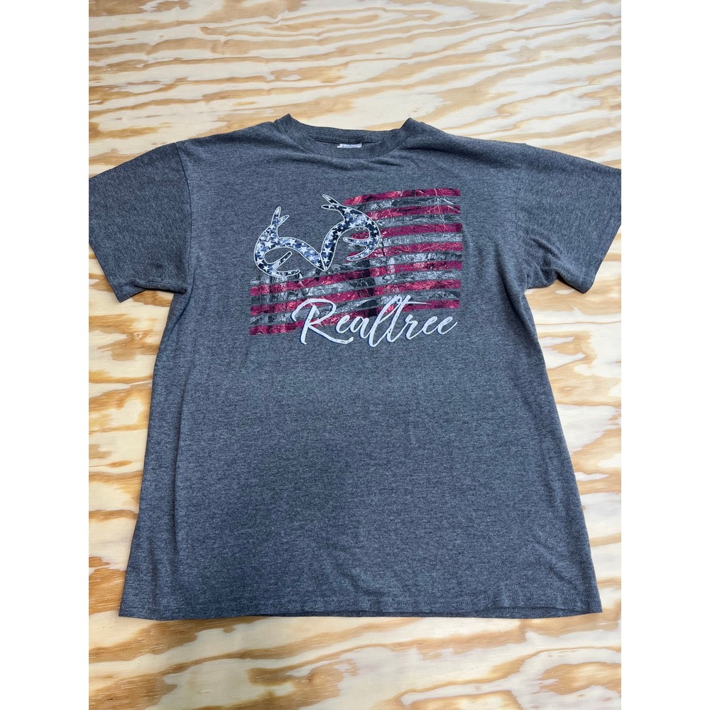 Realtree Mens Graphic T-Shirt Gray American Flag Antler Logo Short Sleeve Large
